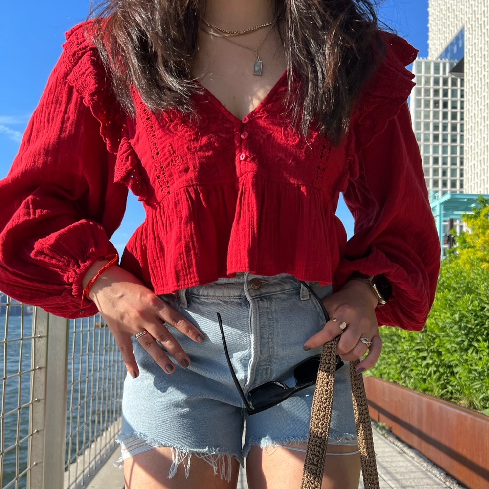 Zara Tops|Embroidered Frilled Top Size small with Buttons | Color: Red | Size: S